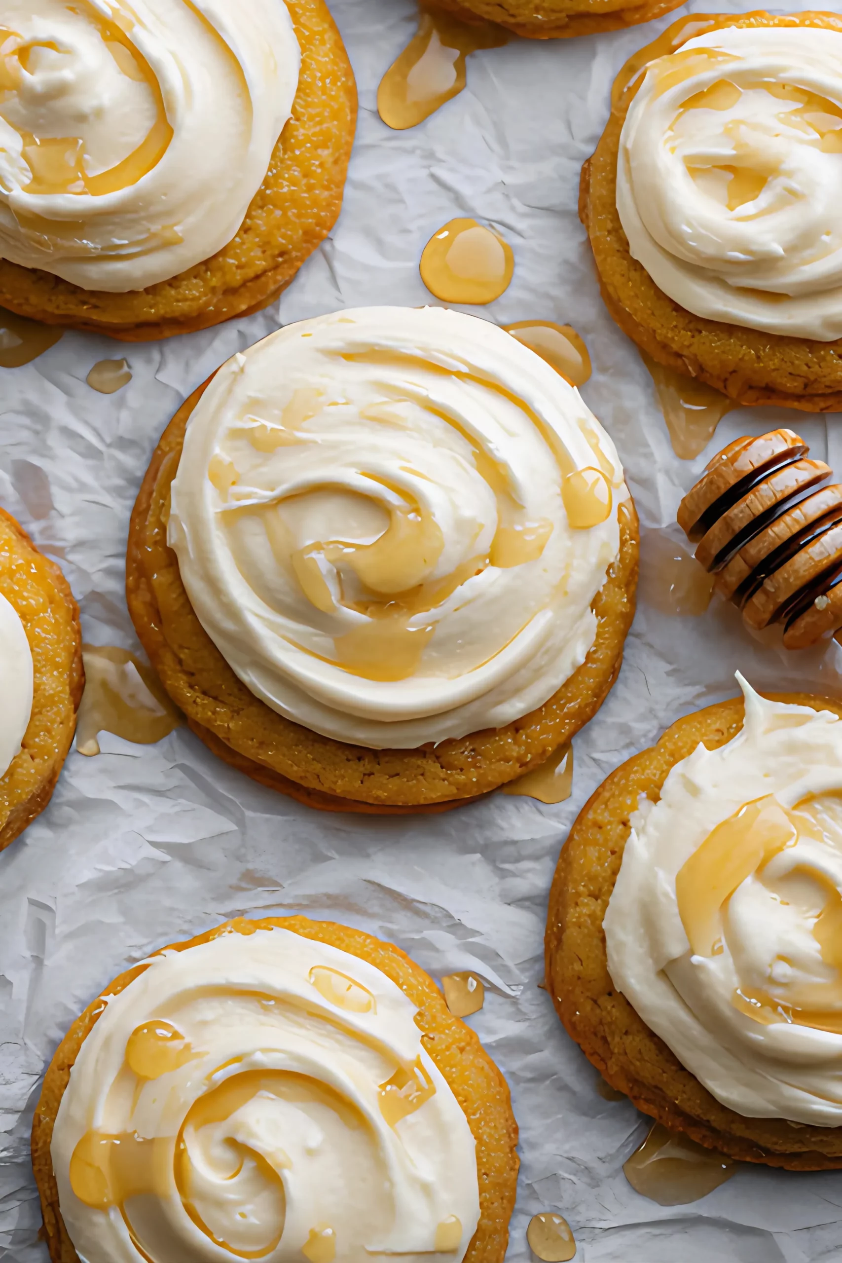 Frosted cornbread cookies with honey drizzle and honey dipper