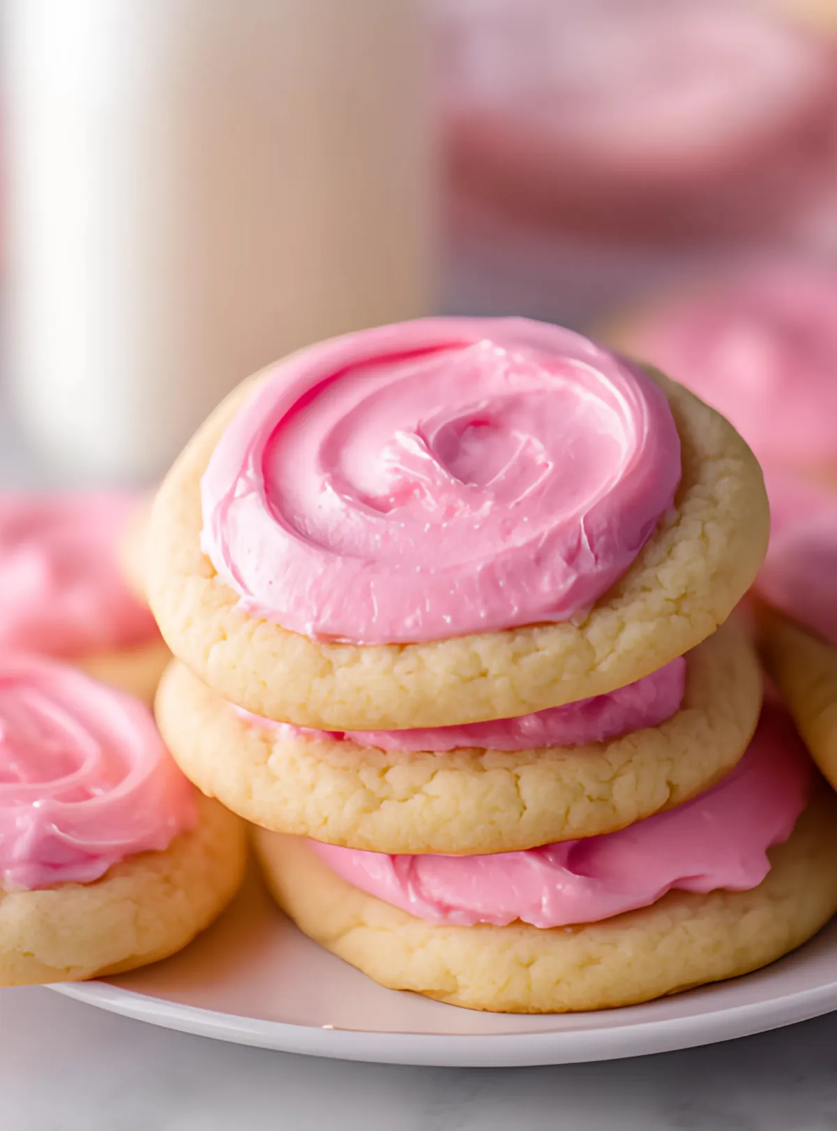 Frosted pink sugar cookies on white plate