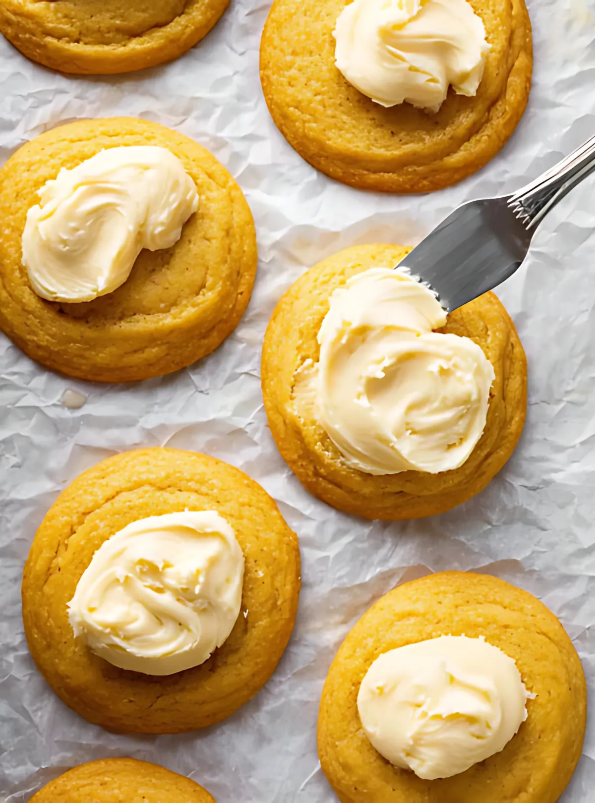 Frosting being spread on cornbread cookies