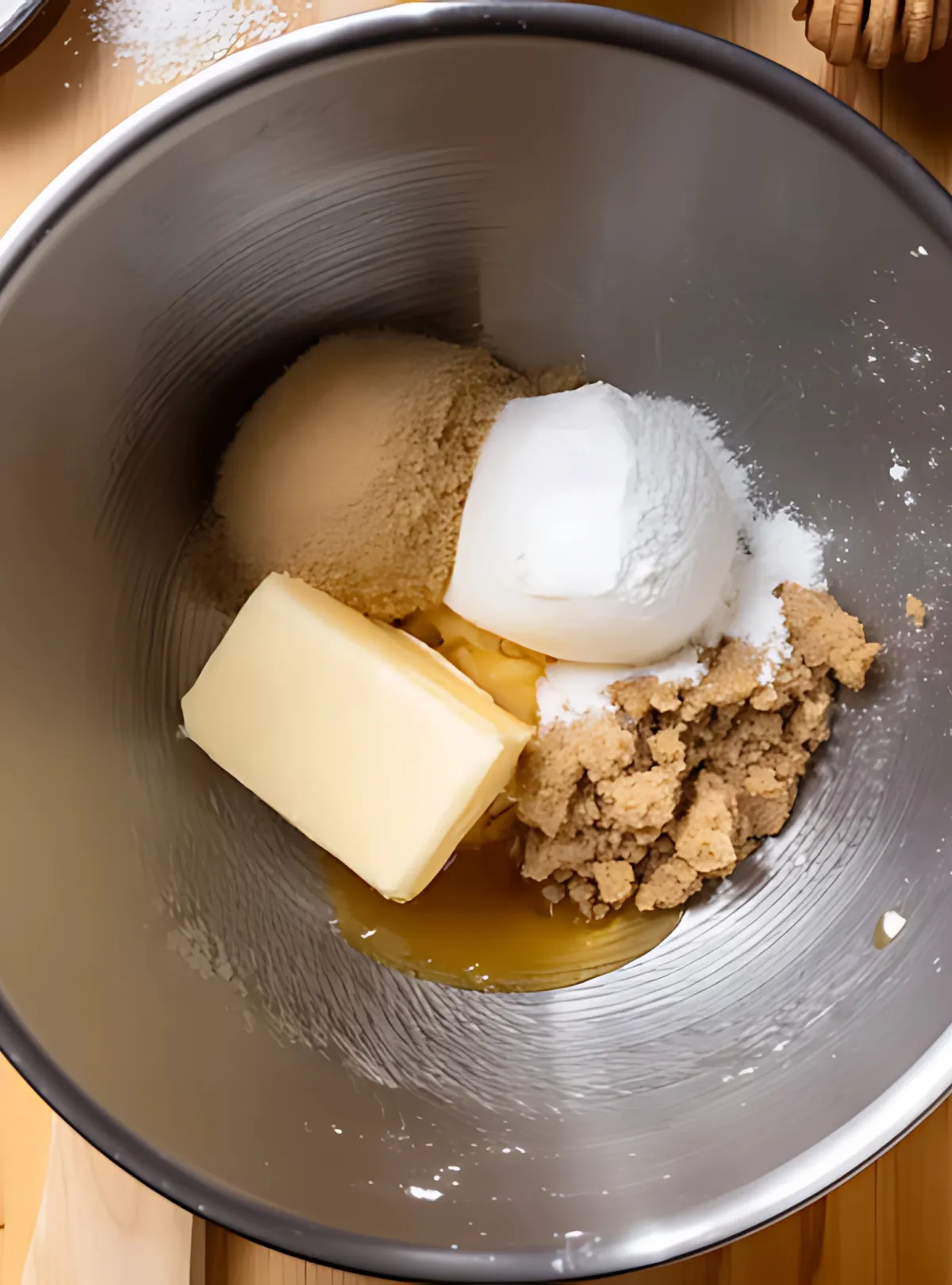 Mixing bowl with butter sugar and shortening