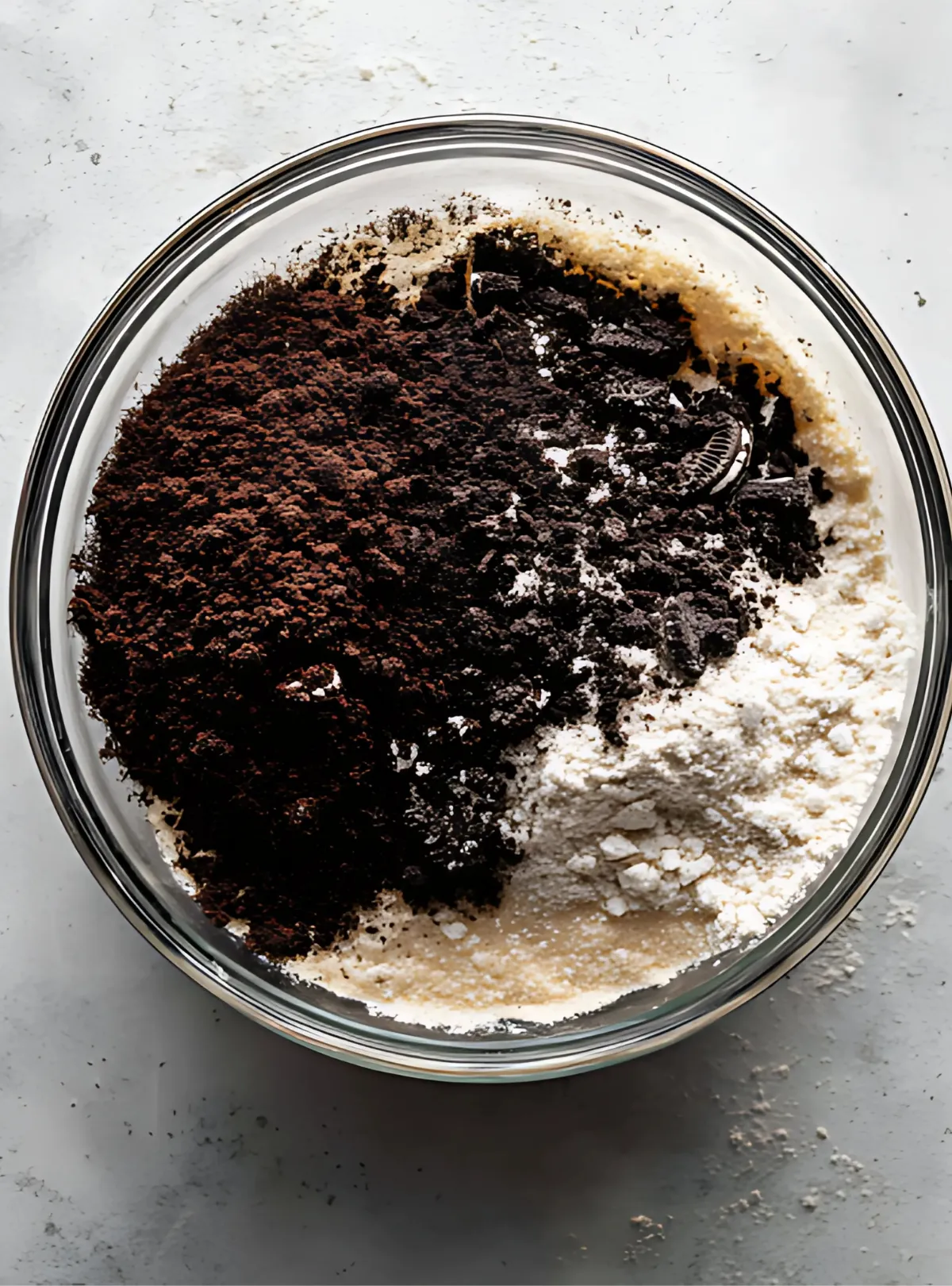Oreo cocoa flour mixture in glass bowl