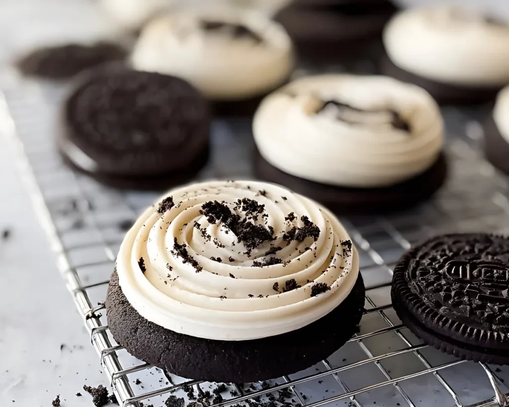 Oreo frosted cookie on cooling rack