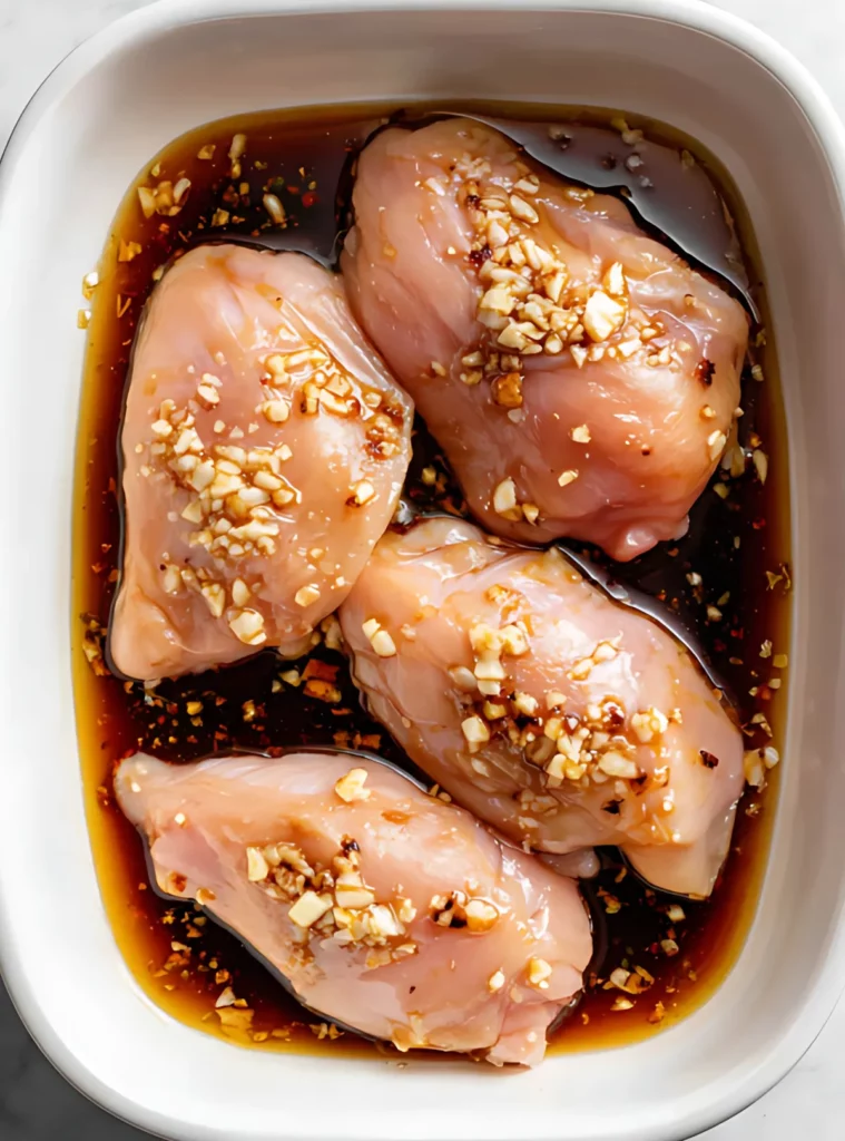 Raw chicken thighs marinating in garlic soy sauce