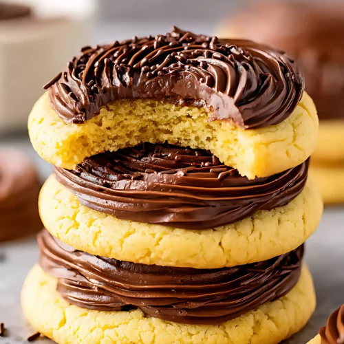 Stack of bitten frosted cookies on stone surface