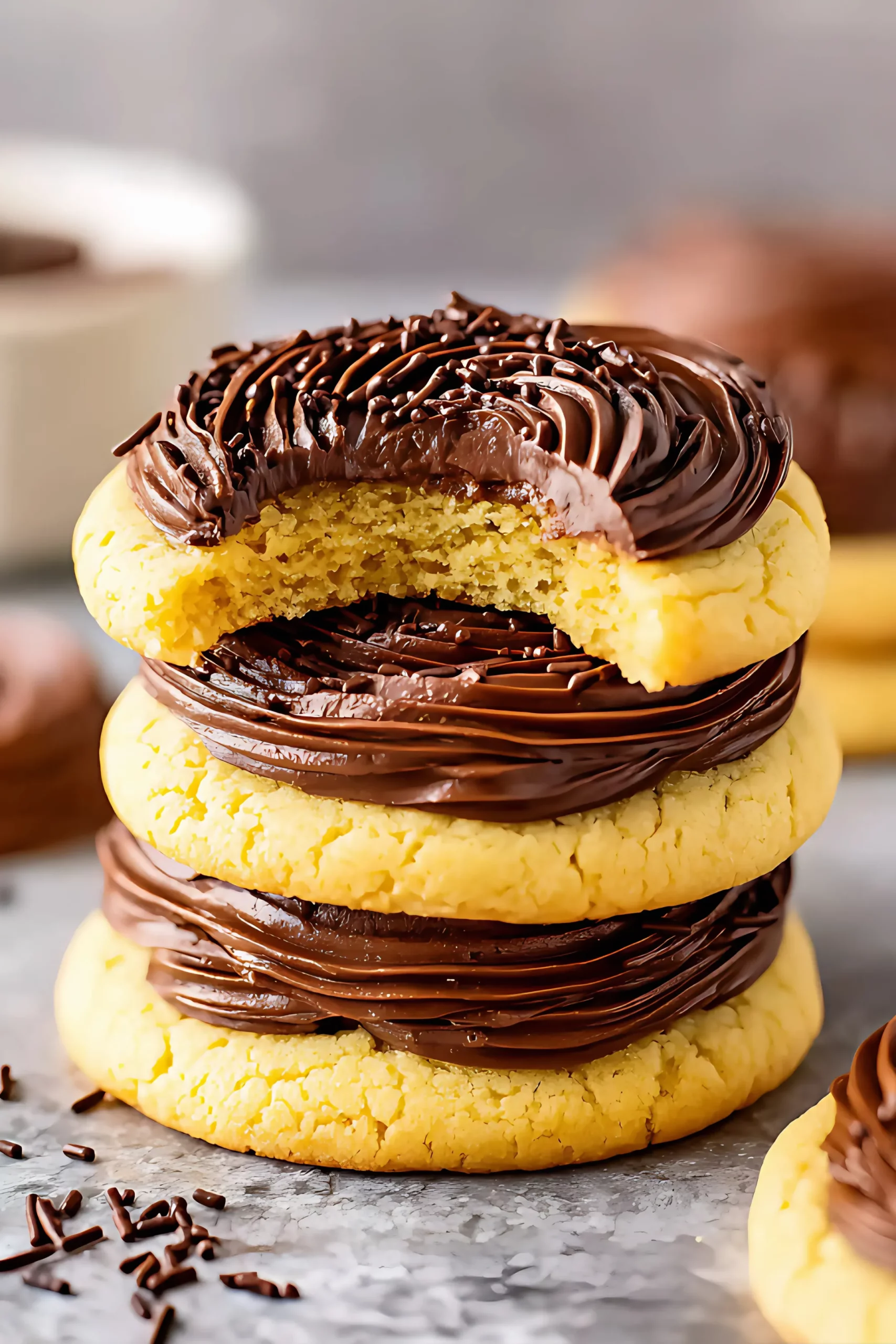 Stack of bitten frosted cookies on stone surface