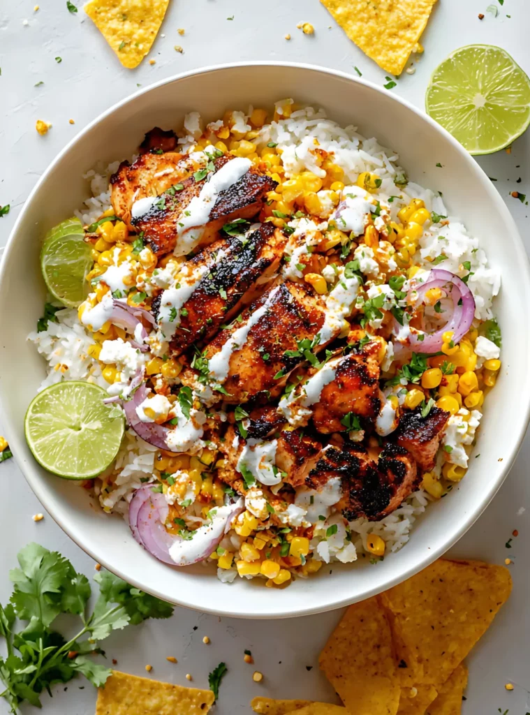 Street corn rice bowl with sliced chicken and lime
