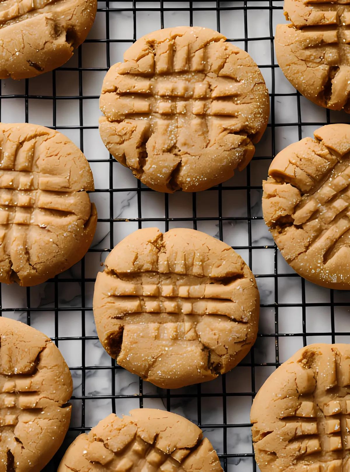 criss-cross cookies cooling on black wire rack