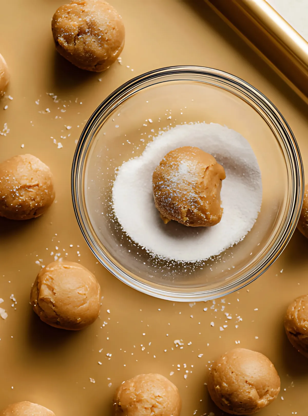 dough ball in sugar bowl on golden tray