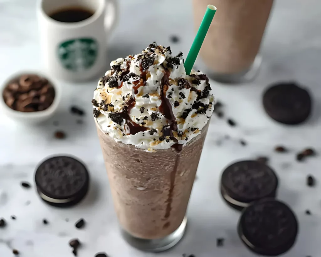 frappuccino with whipped cream and cookie crumbles on marble background