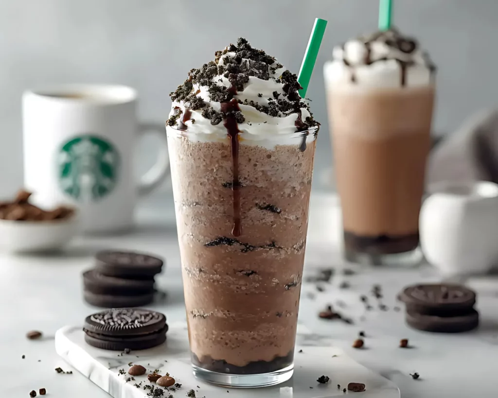 layered frappuccino topped with whipped cream and crushed Oreos