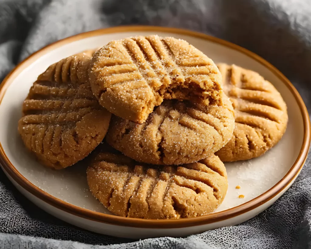 peanut butter cookies stacked on plate with bite