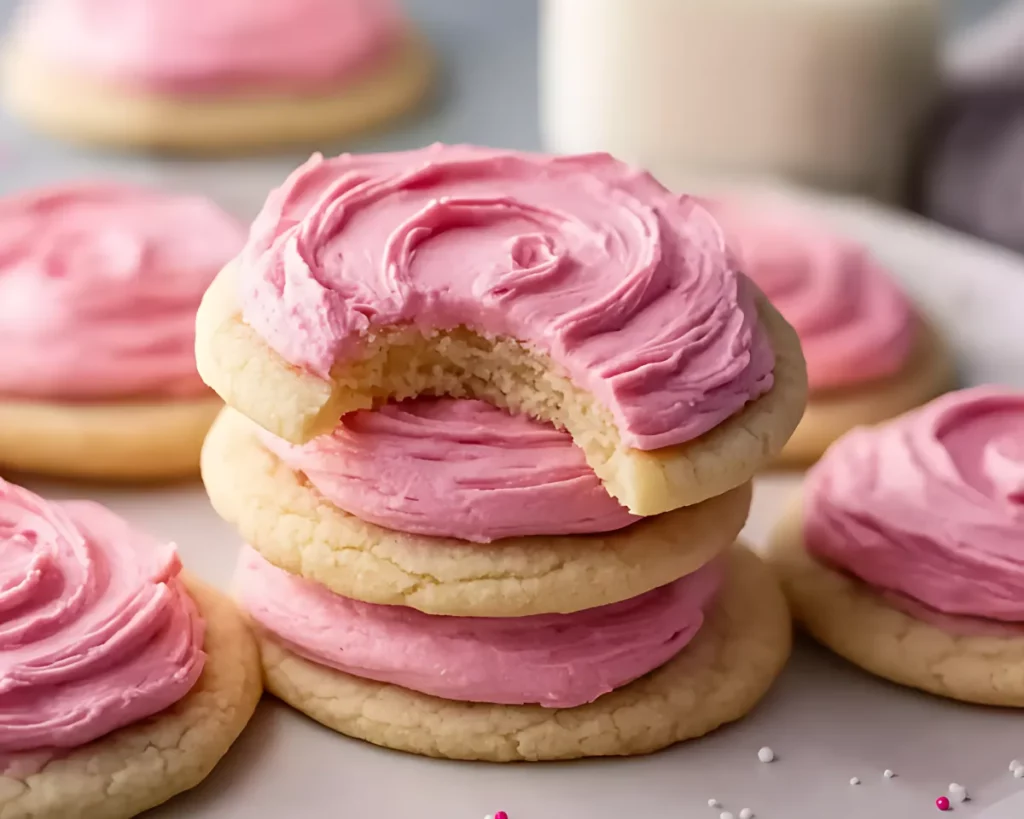stacked sugar cookies with pink frosting bite taken