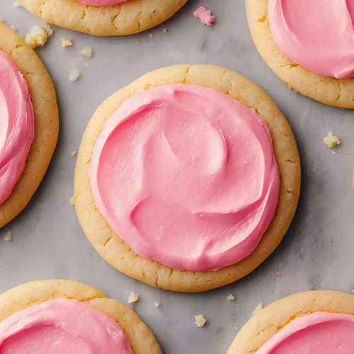 sugar cookies with smooth pink frosting on tray