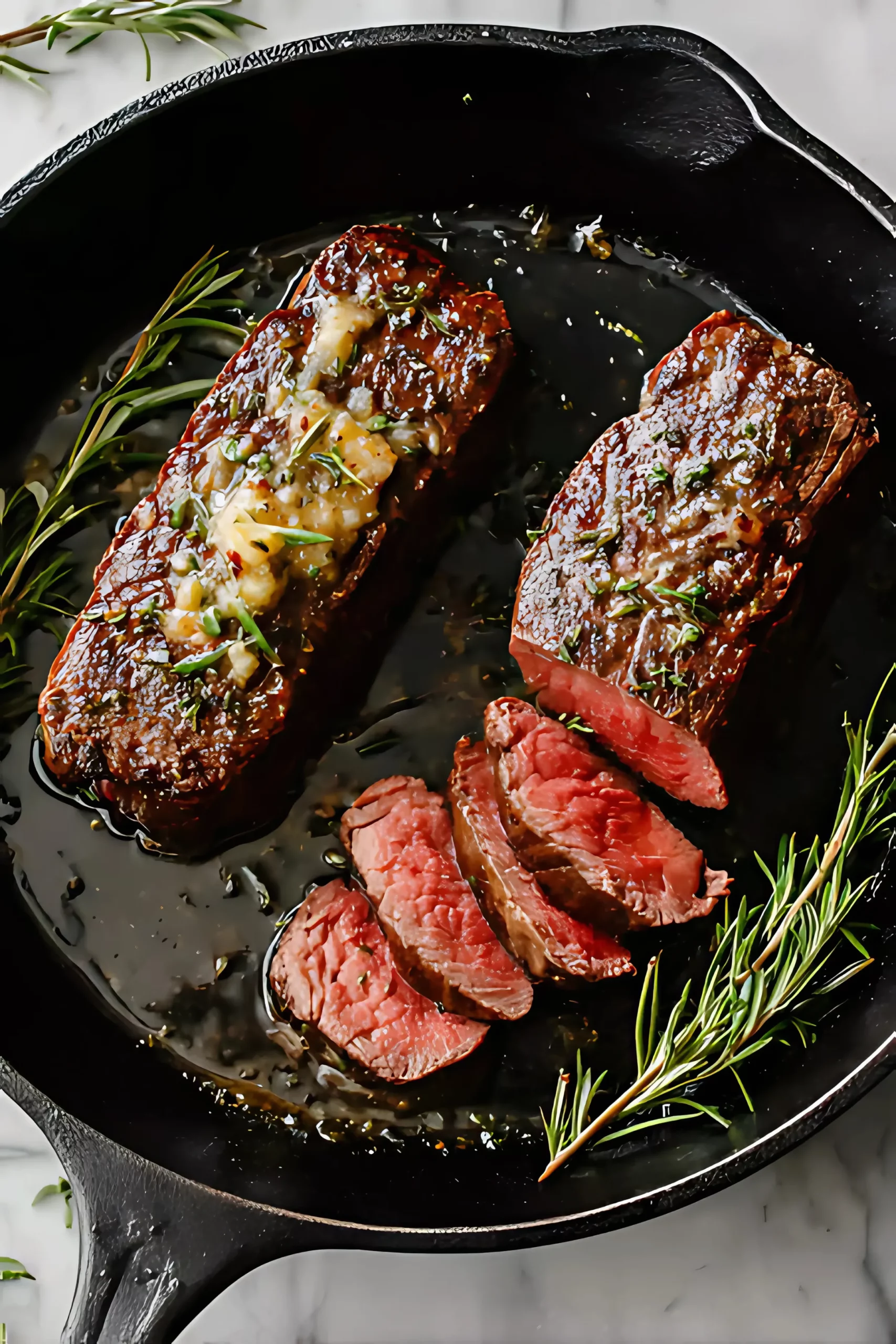 2Sliced venison in skillet with garlic butter