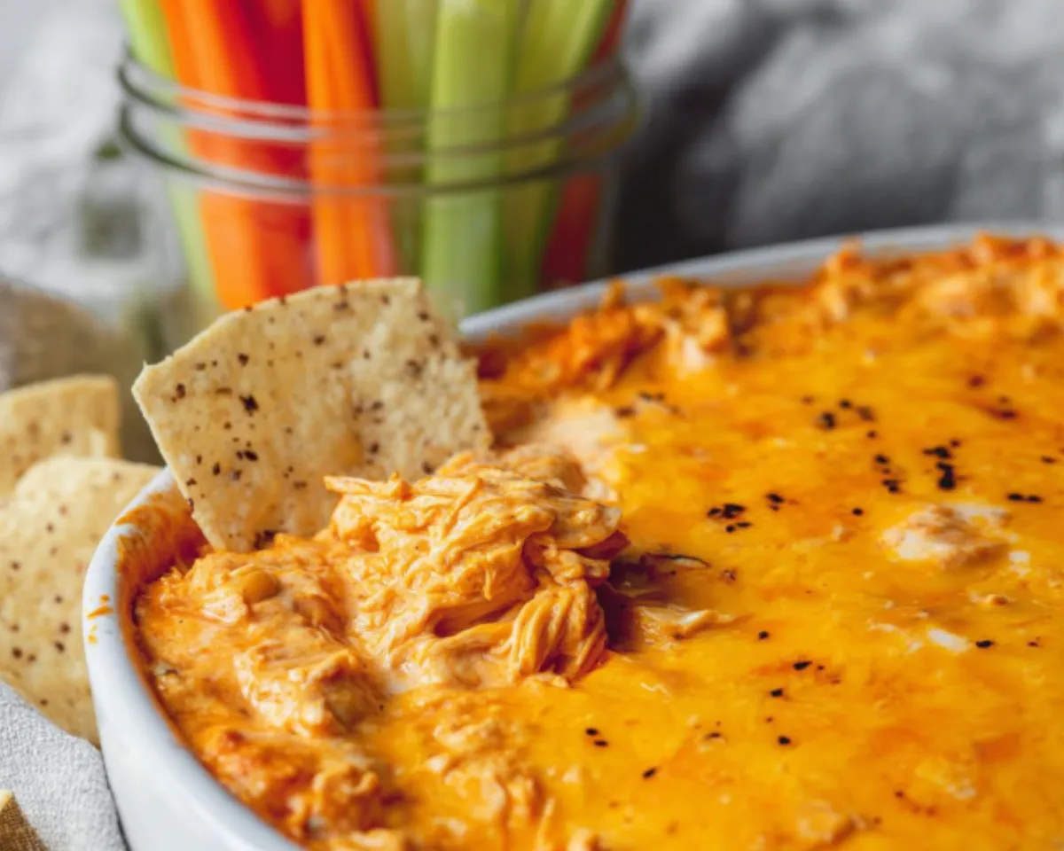 Baked buffalo chicken dip with tortilla chip and veggie sticks