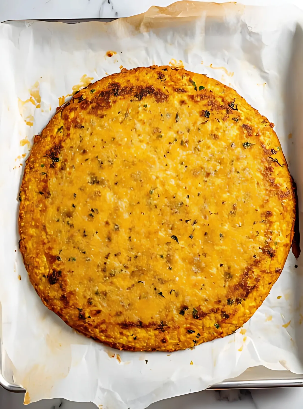 Baked cauliflower pizza crust on tray