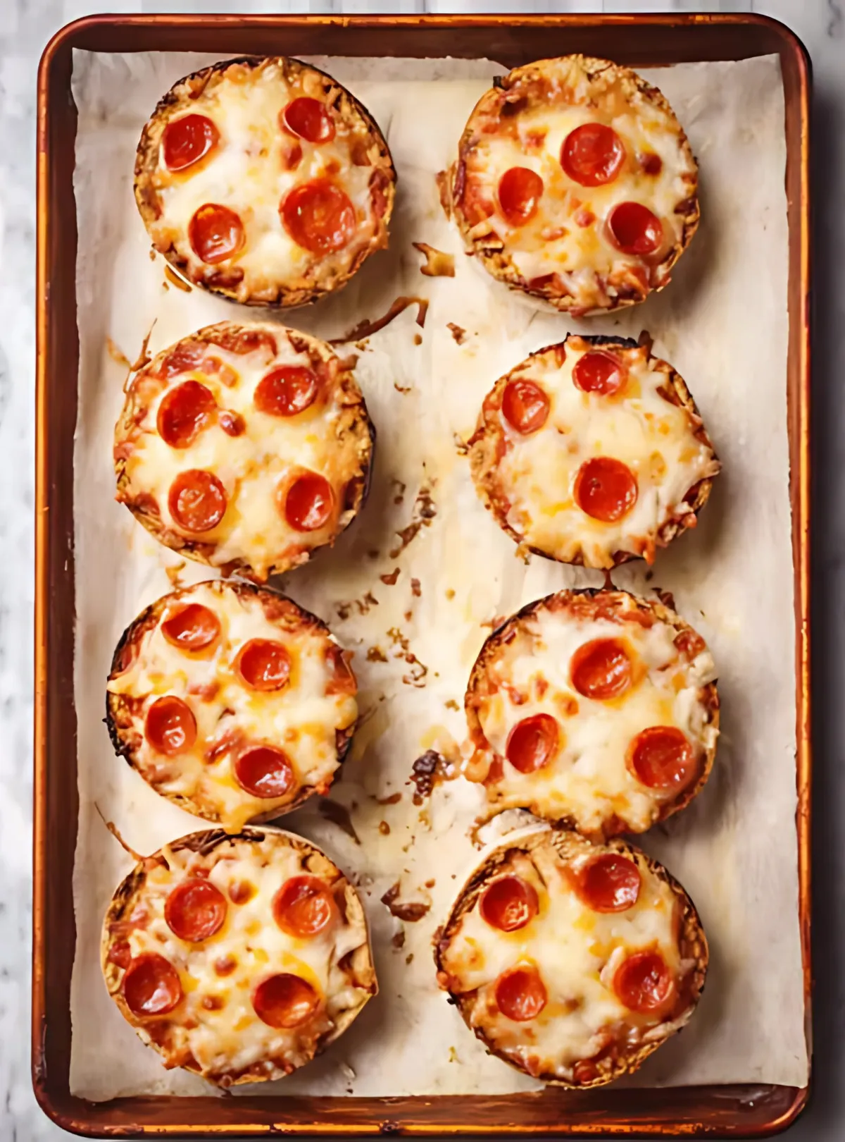 Baked mini pizzas with melted cheese and pepperoni