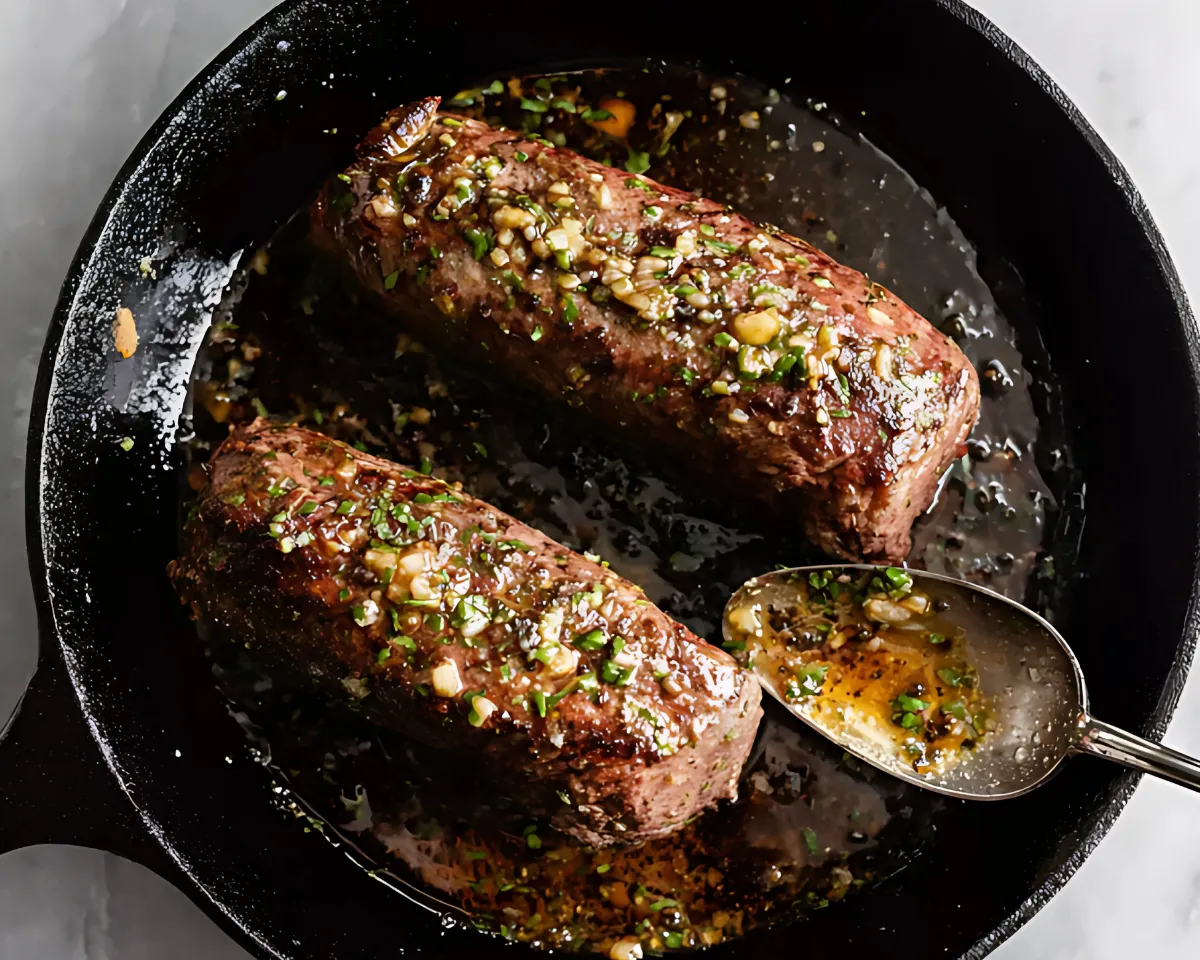 Basting venison with garlic herb butter in skillet