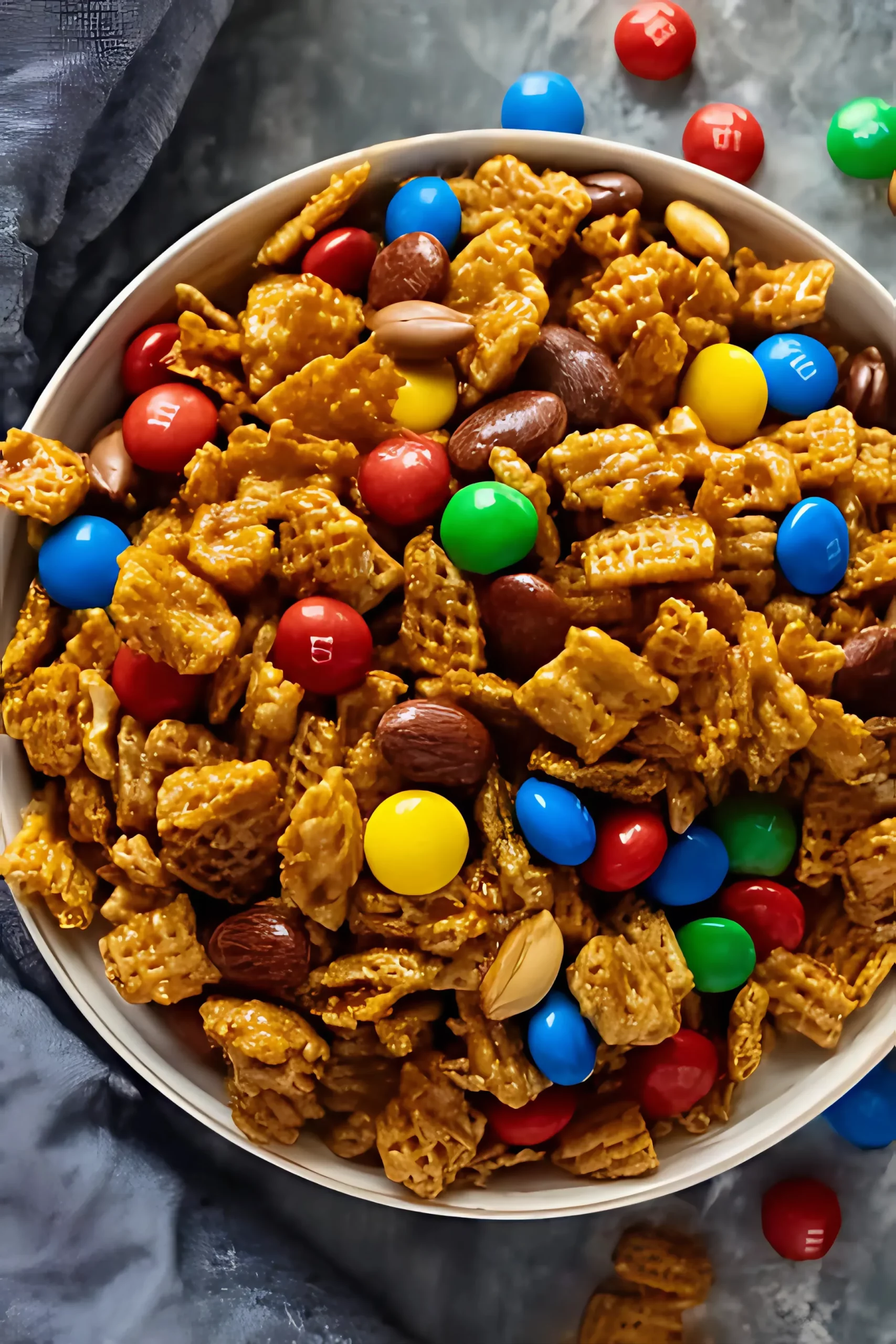 Bowl of caramel cereal with M&M's