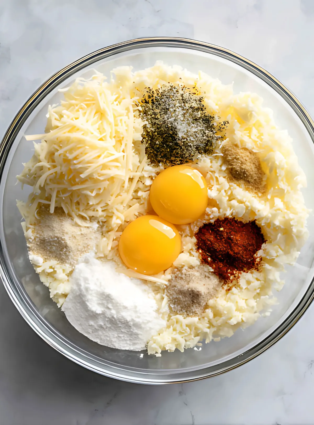 Bowl with cauliflower cheese eggs spices
