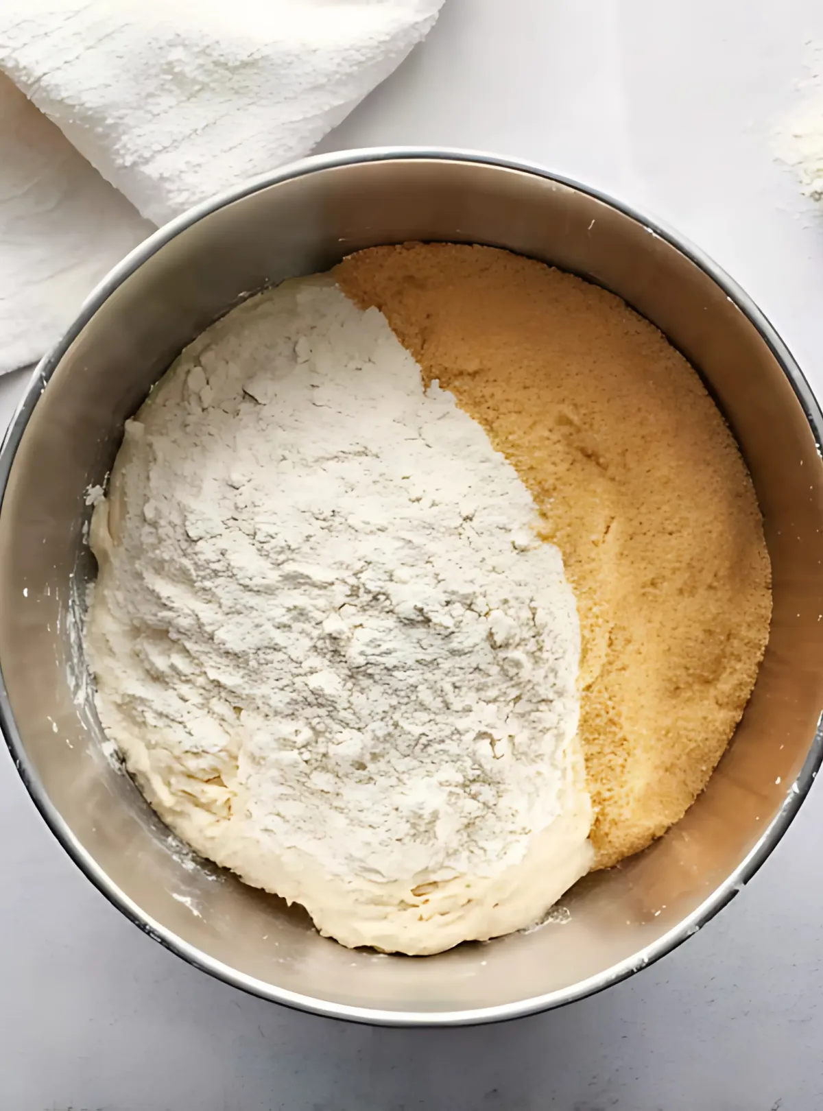 Bowl with flour and sugar on dough