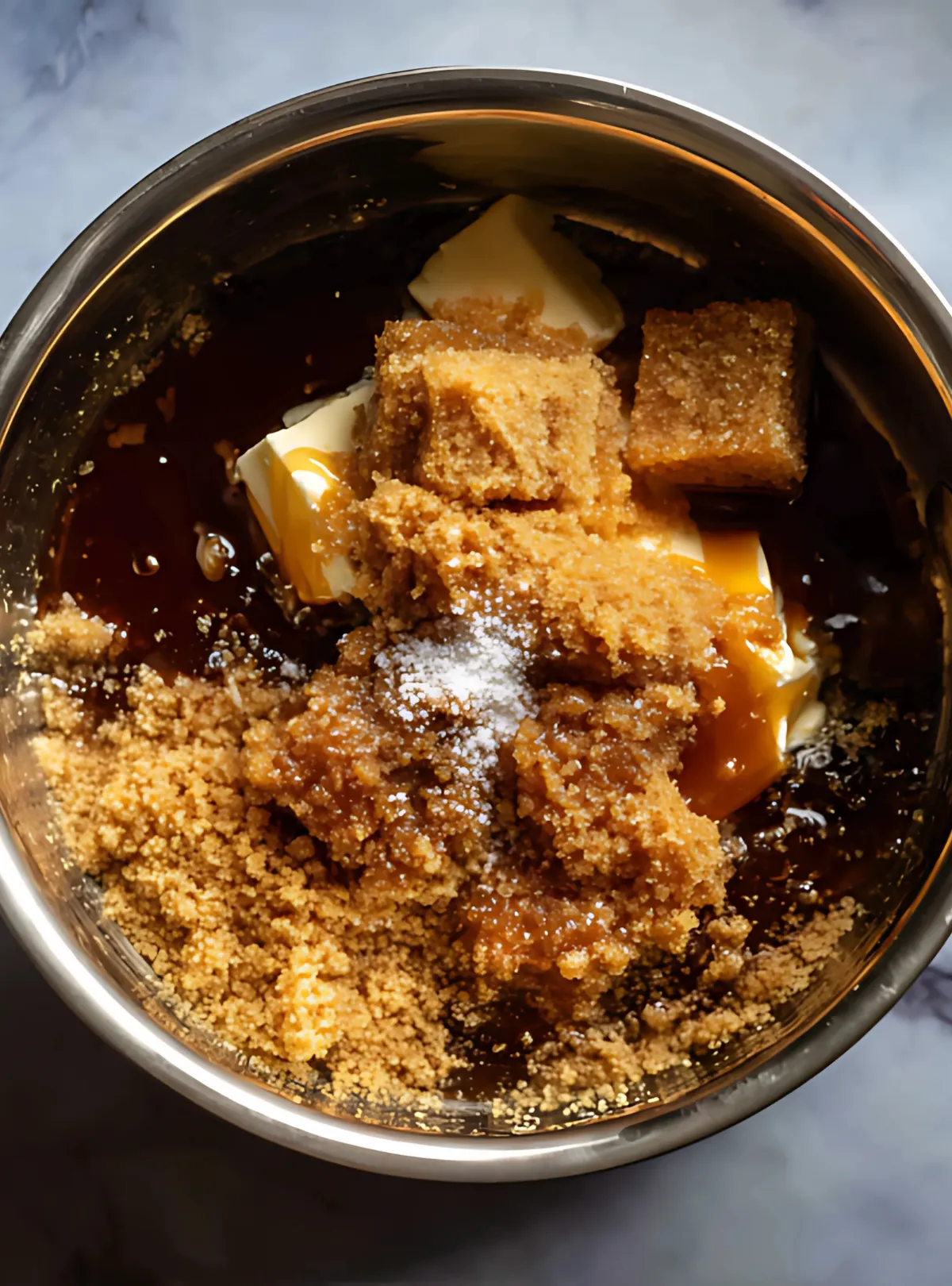 Brown sugar butter and syrup in saucepan