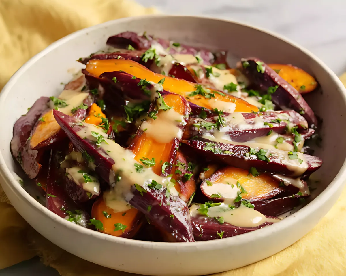 Carrots in sauce on beige napkin