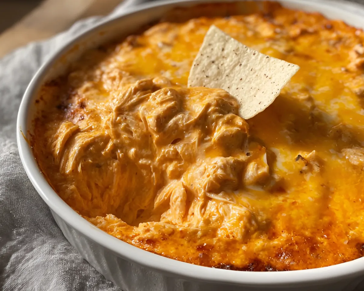 Cheesy buffalo dip in white baking dish with tortilla chip