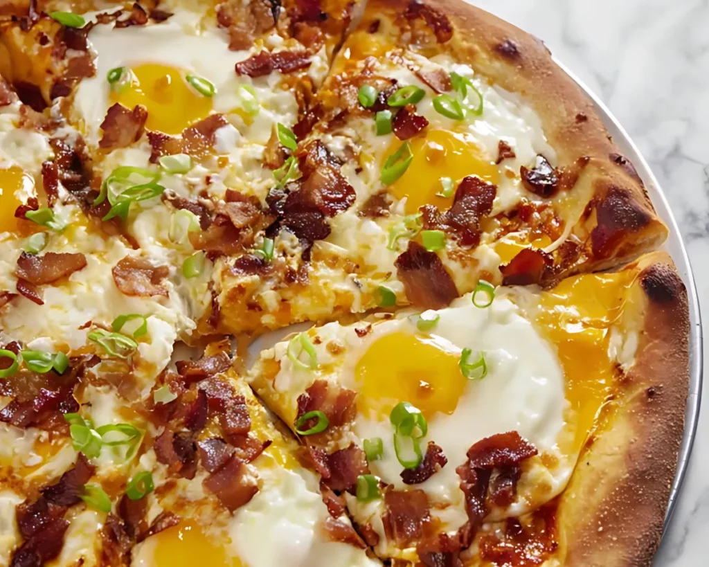 Close up breakfast pizza with eggs and bacon