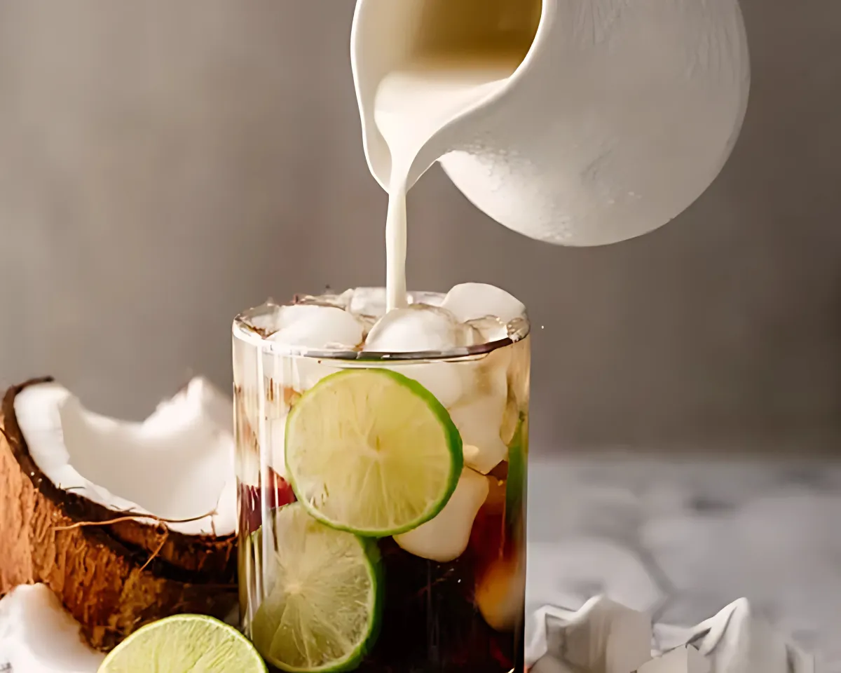Cream poured into iced soda with lime slices and coconut background