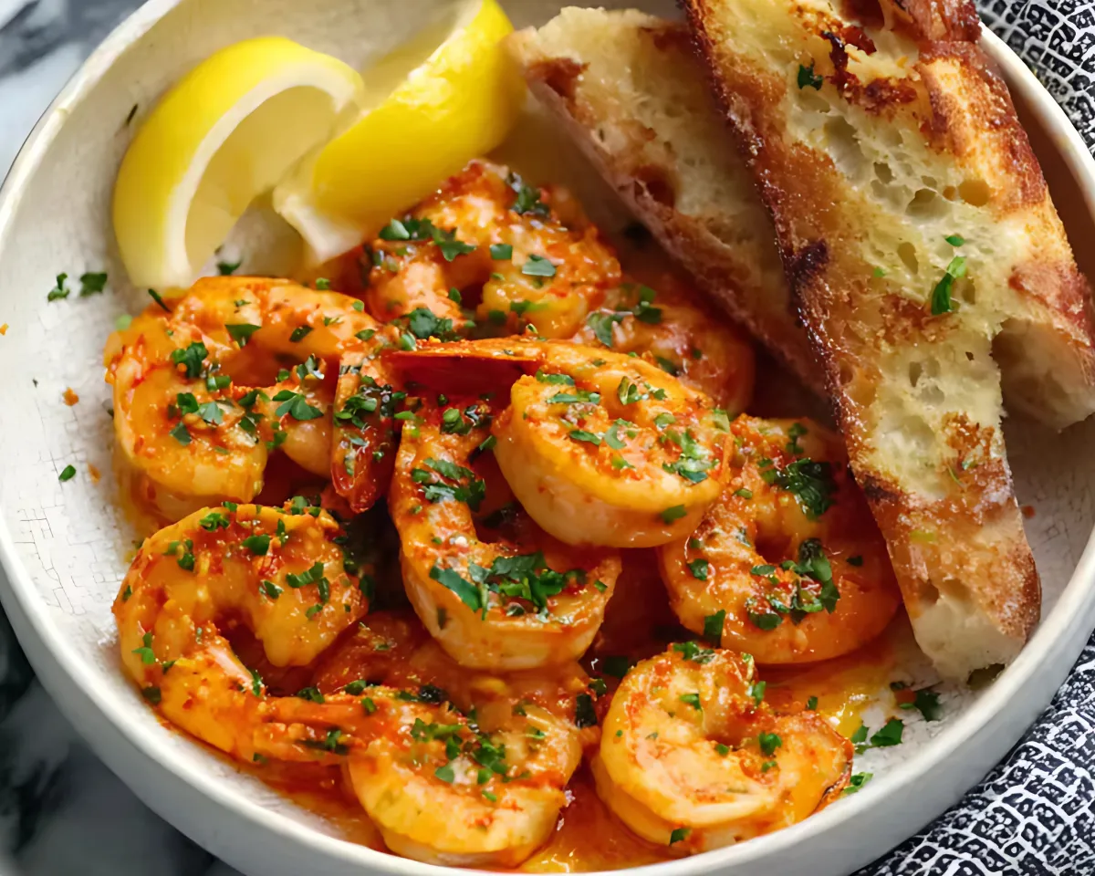 Crevettes servies avec pain grillé citron