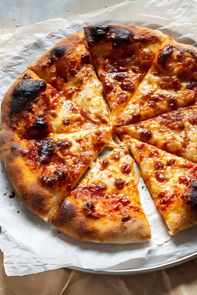 _Crispy cheese pizza sliced on parchment