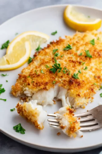 Crispy tilapia fillet with fork and lemon