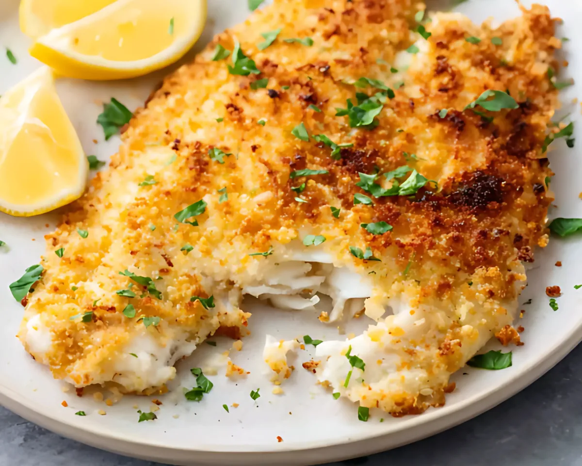 Crusted tilapia fillet with lemon wedges