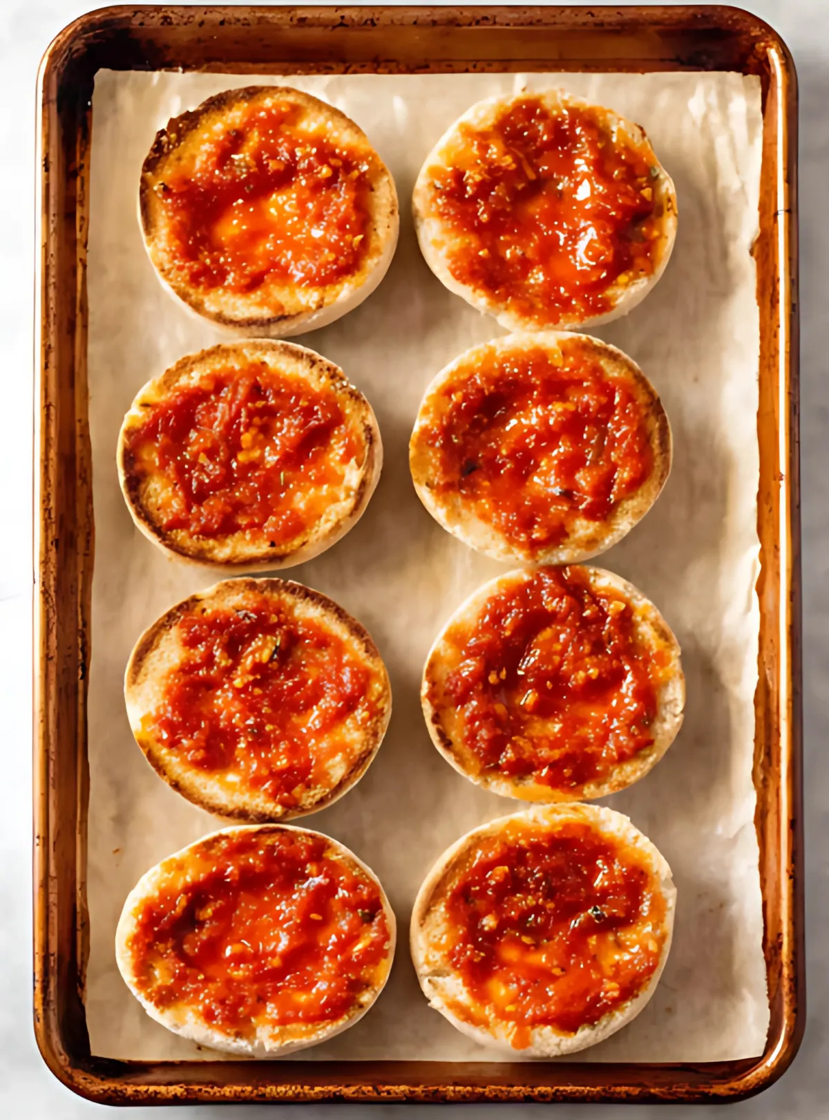 Eight muffins topped with pizza sauce on a baking sheet