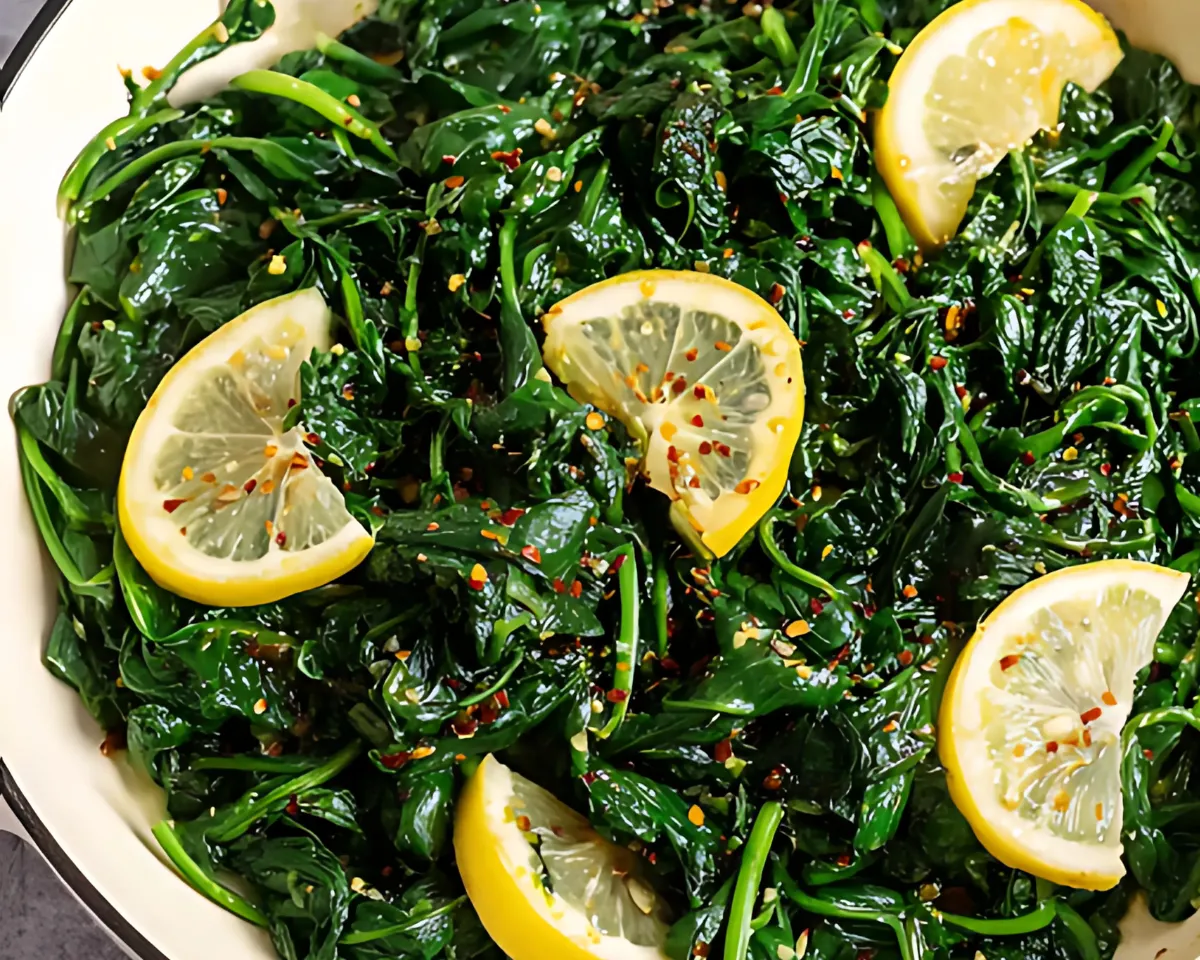 Finished sautéed spinach with lemon