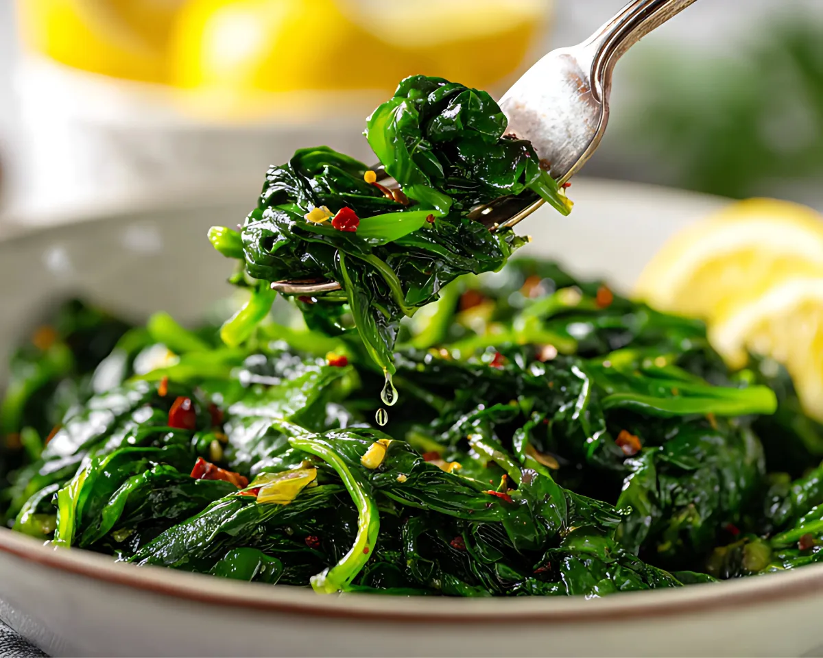 Fork lifting sautéed spinach from bowl