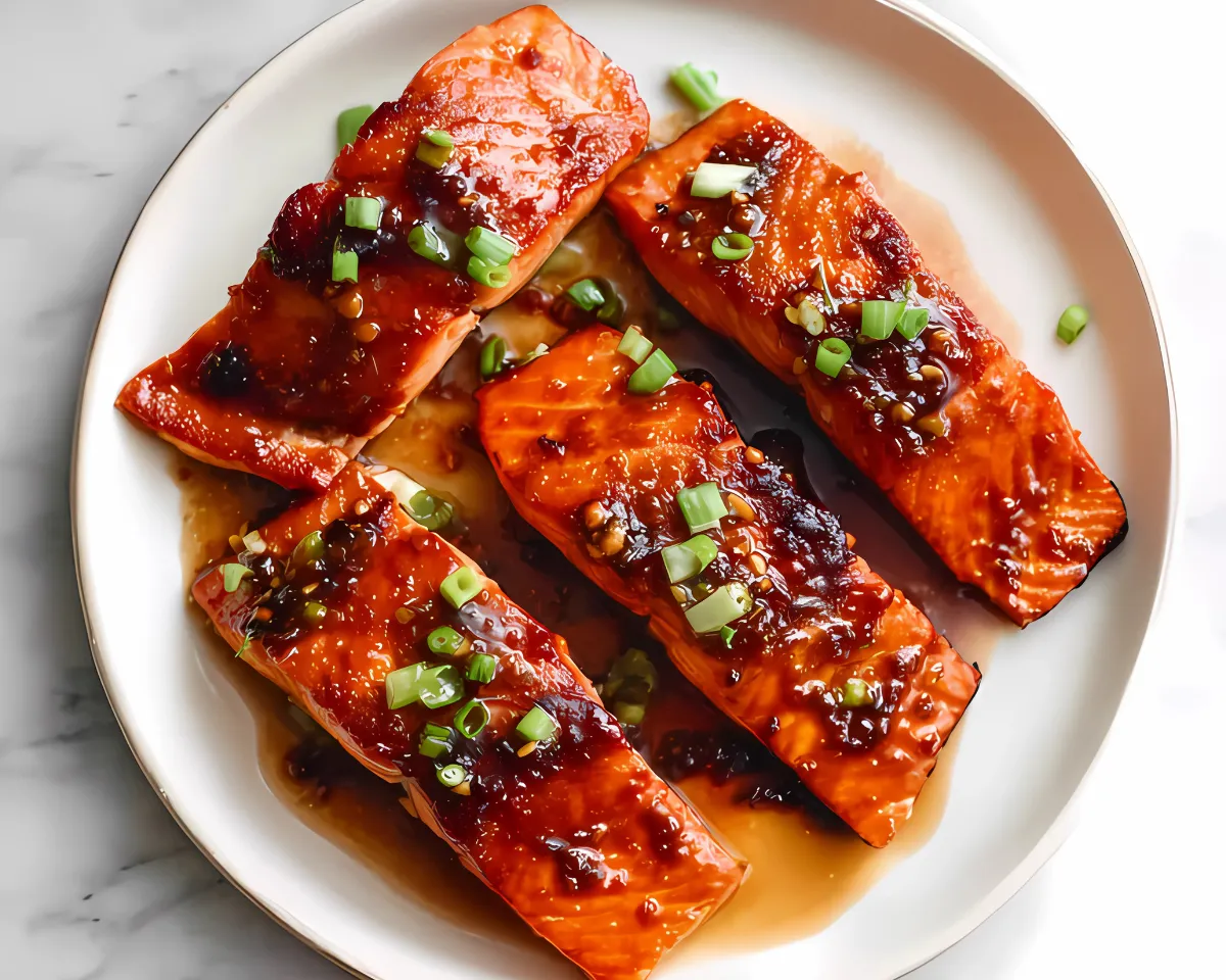 Four glazed salmon fillets on plate