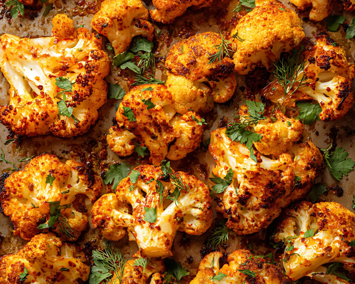 Garnished roasted cauliflower on tray