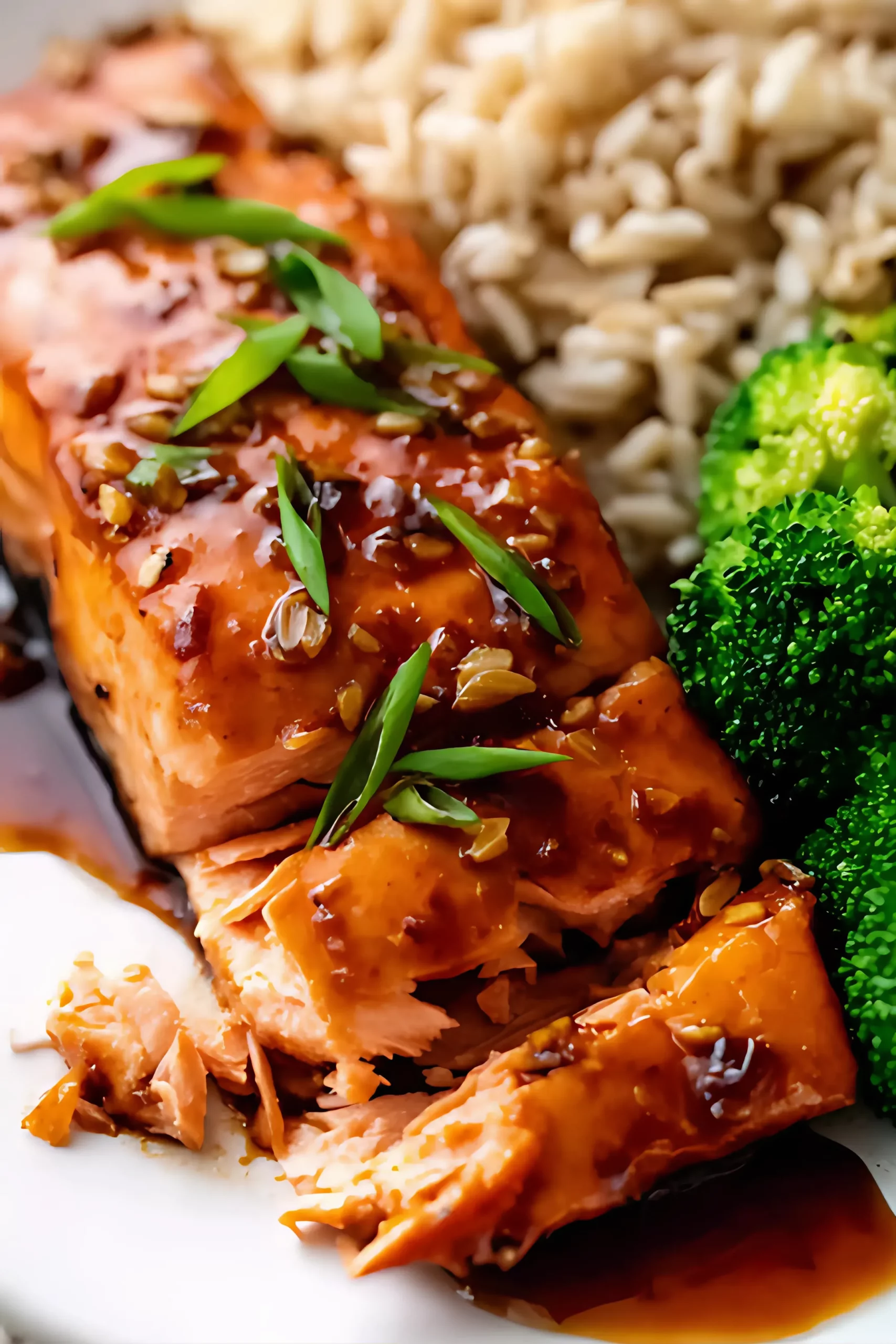 Glazed salmon with broccoli and rice