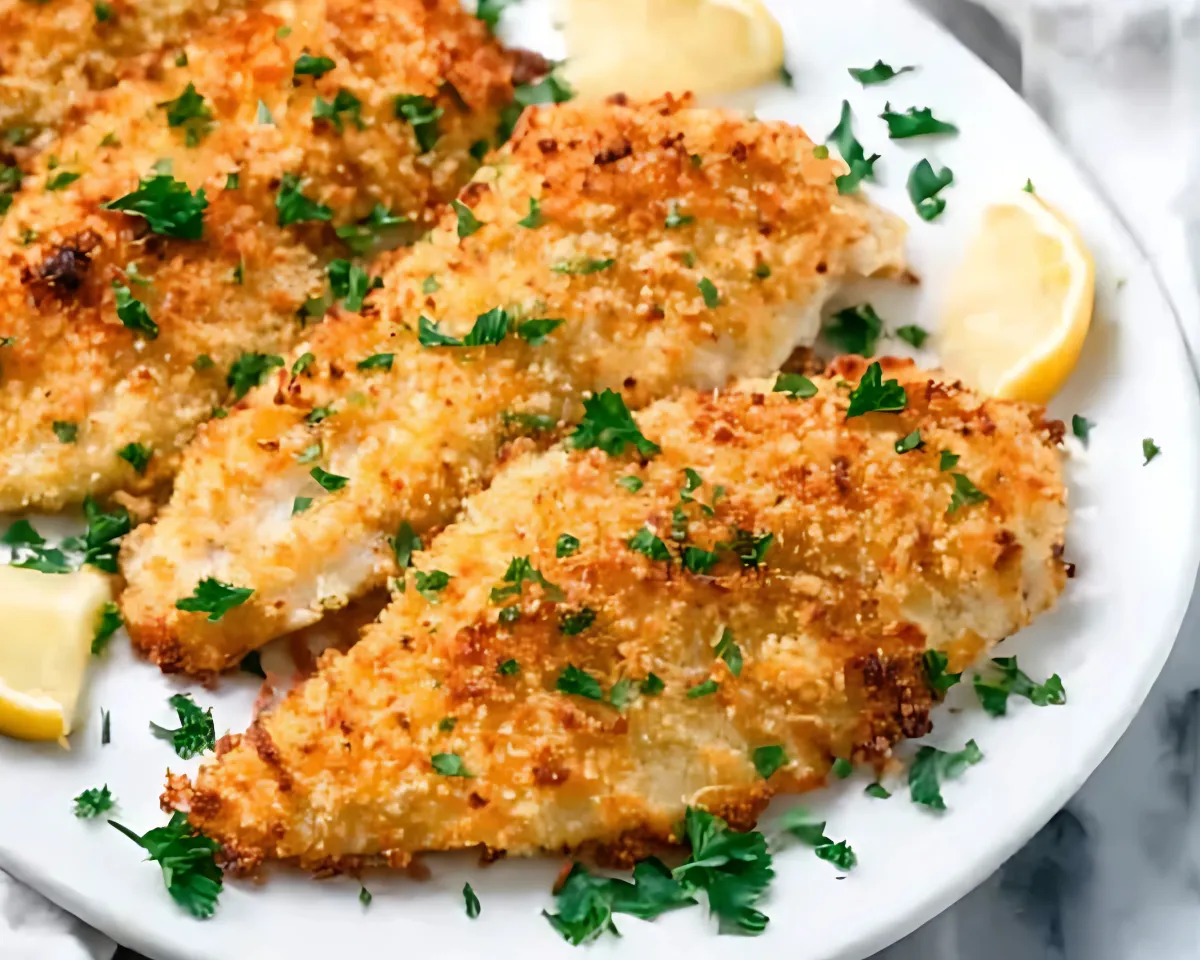 Golden baked tilapia on white plate