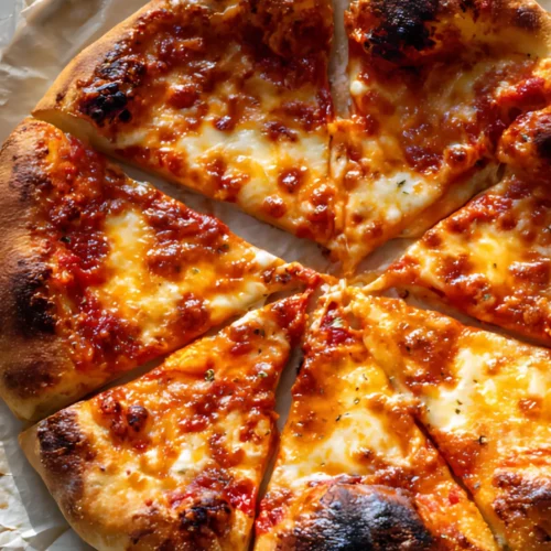 Golden cheese pizza sliced on parchment