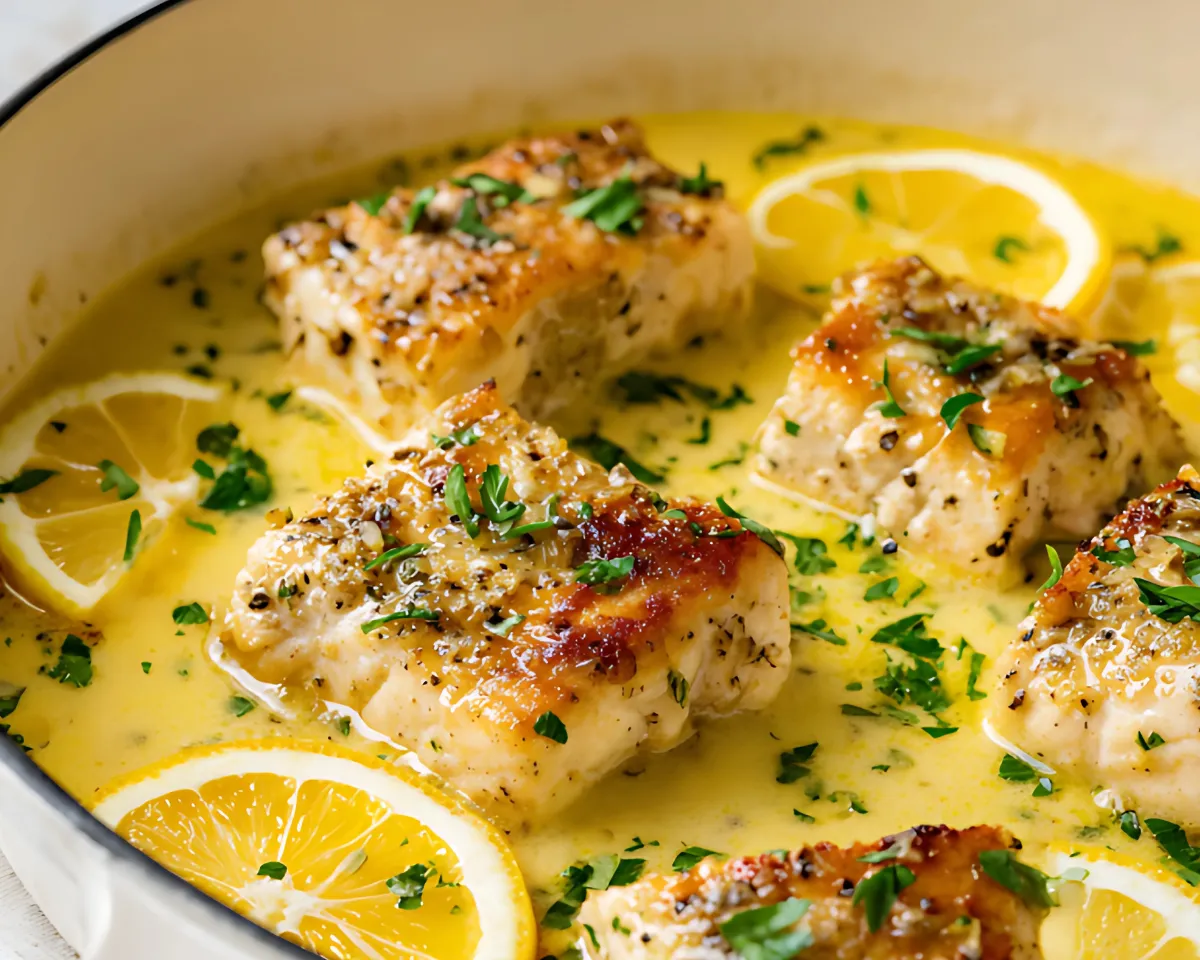 Golden seared fish in sauce with lemon