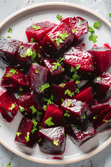 _HJuicy roasted beets on white plate with herbs and beet juice