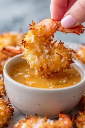 Hand dipping coconut shrimp in sauce