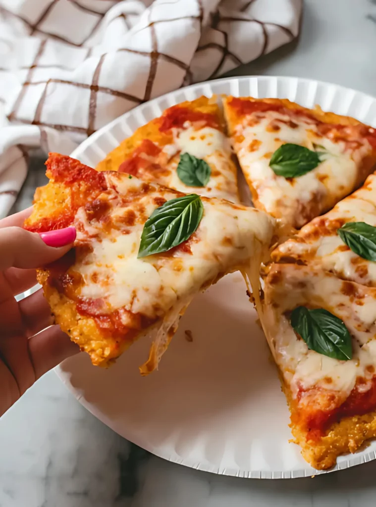 Hand holding cauliflower pizza slice