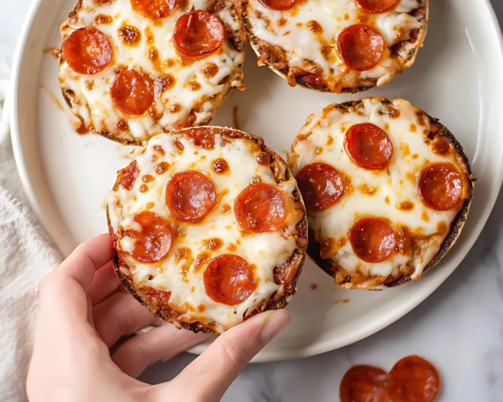 Hand holding one mini pizza over a plate