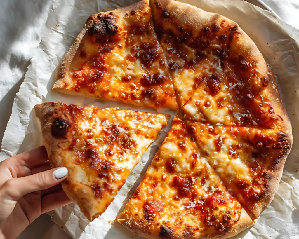 Hand holding slice of baked cheese pizza