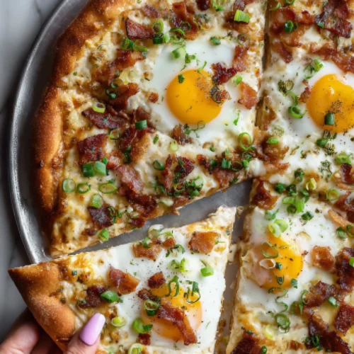 Hand holding slice of breakfast pizza with eggs