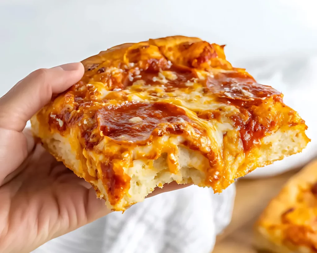 Hand holding thick cheesy pizza slice